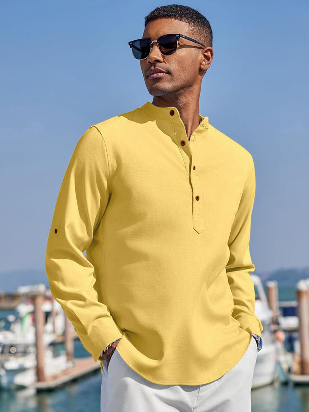 ZELINCO Mandarin Collar Roll-Up Sleeves Straight Short Kurta