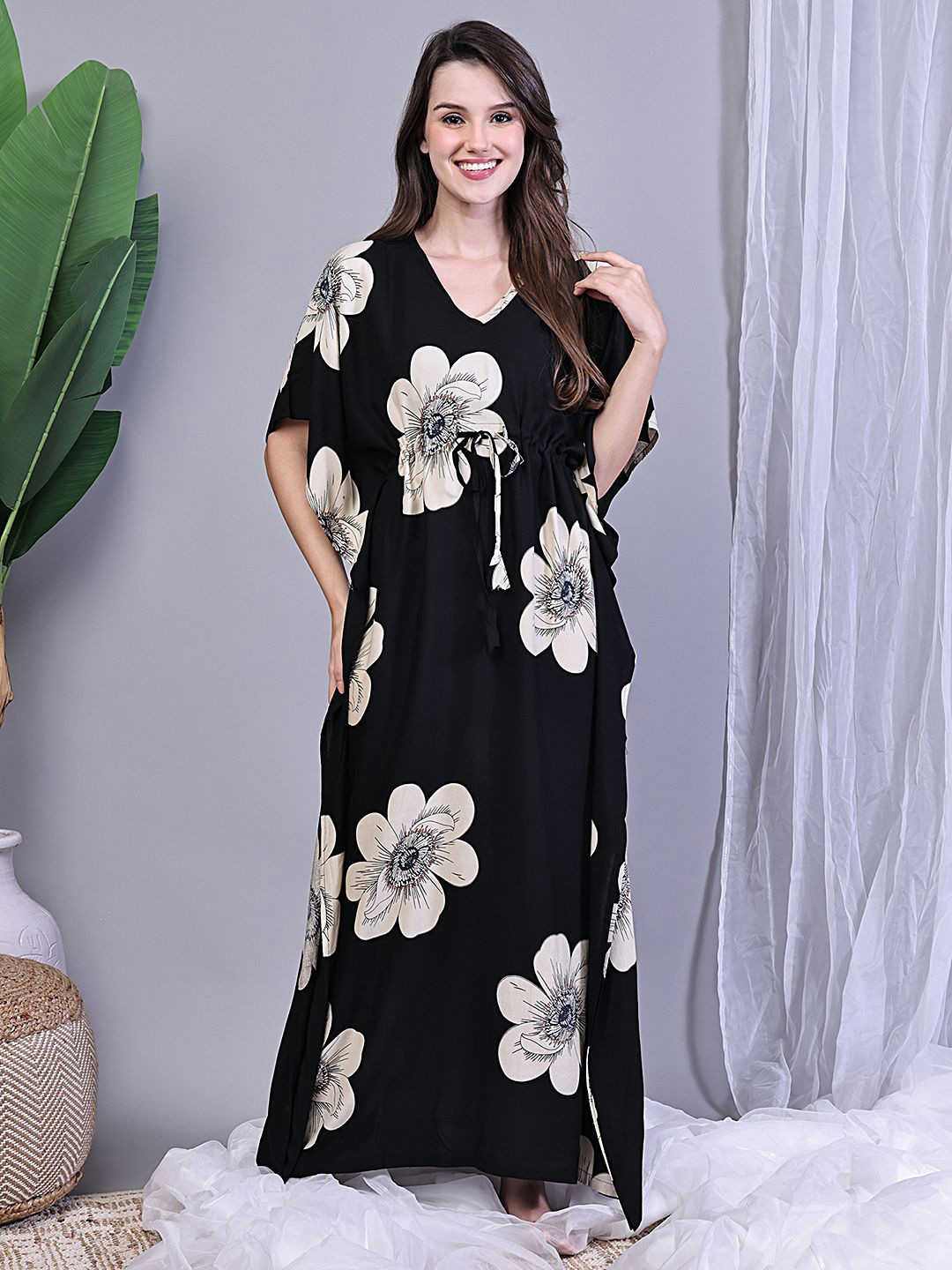 Boston Club Women Floral Printed V-neck Kimono Sleeves Kaftan Maxi Nightdress