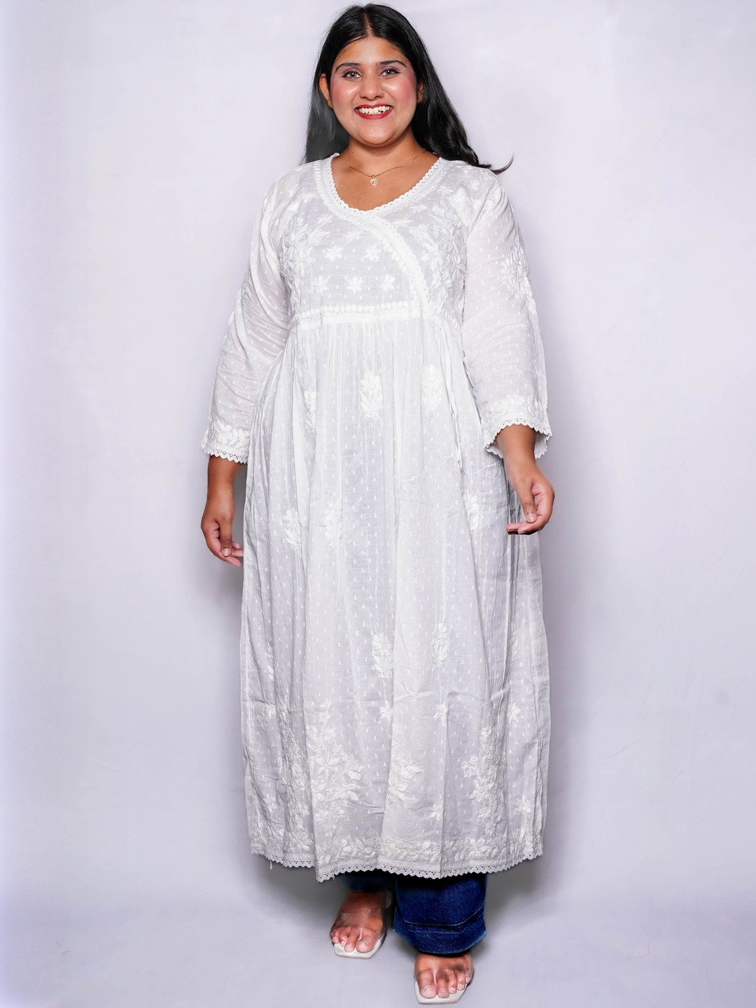 MALABIS Women Noreen Plus Size Pure Cototn V-Neck Angrakha Embroidered Chikankari Kurta