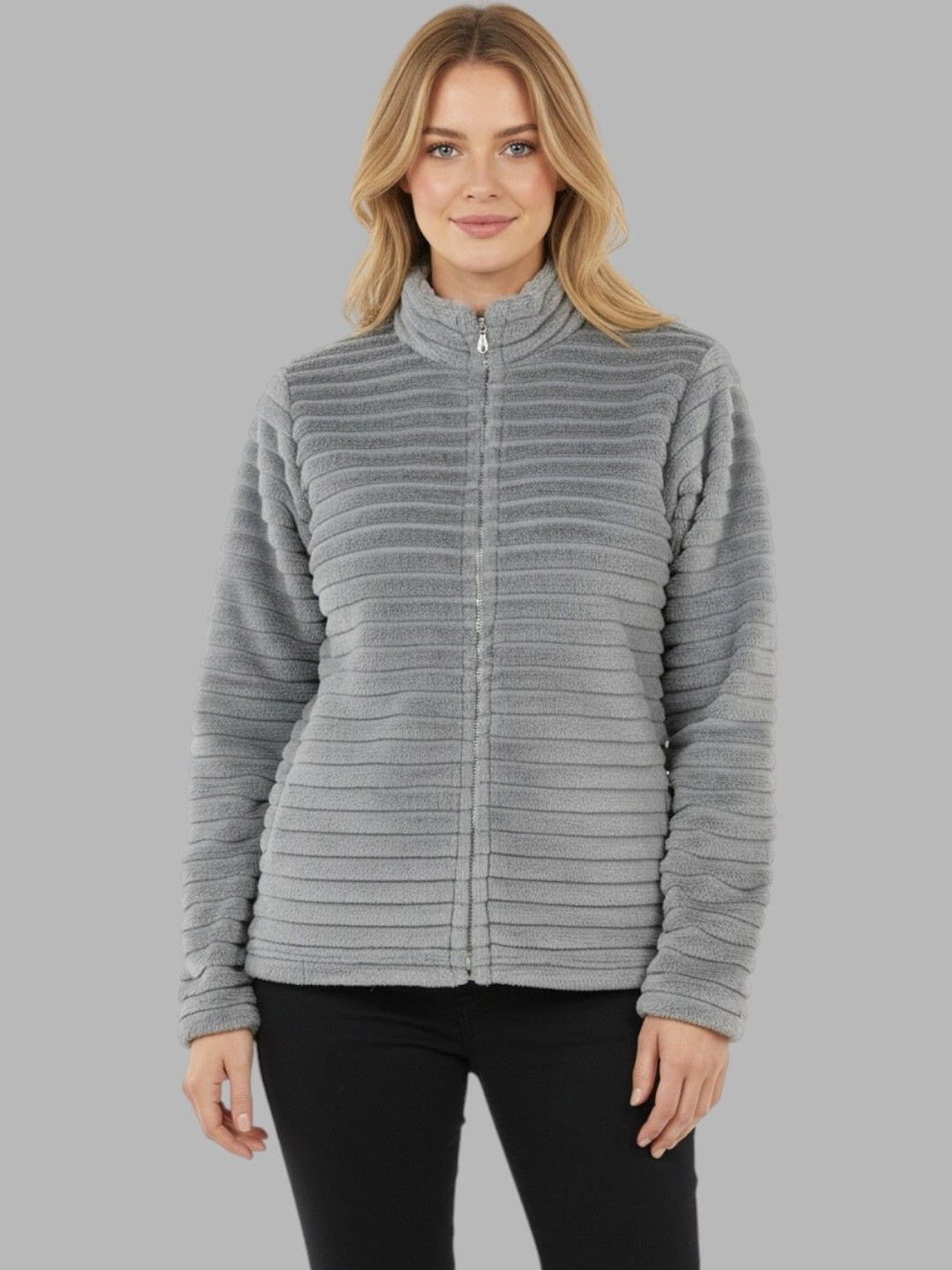 Gouri Women Stand Collar Self Design Sherpa Jacket