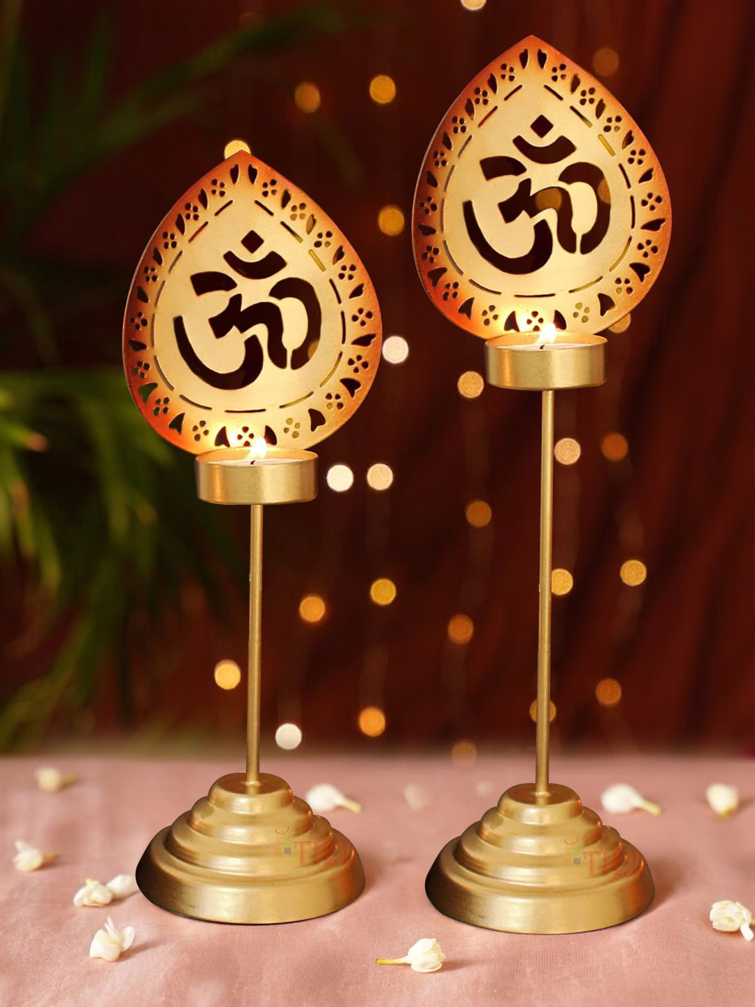 TIED RIBBONS Set of 2 Metal Tealight Candle Holders with Stand