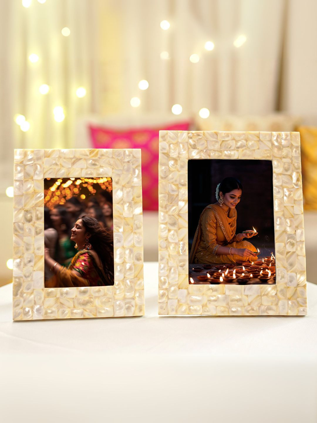 BEHOMA Off White Mother of Pearl Table-Top Small & Large Photo Frame