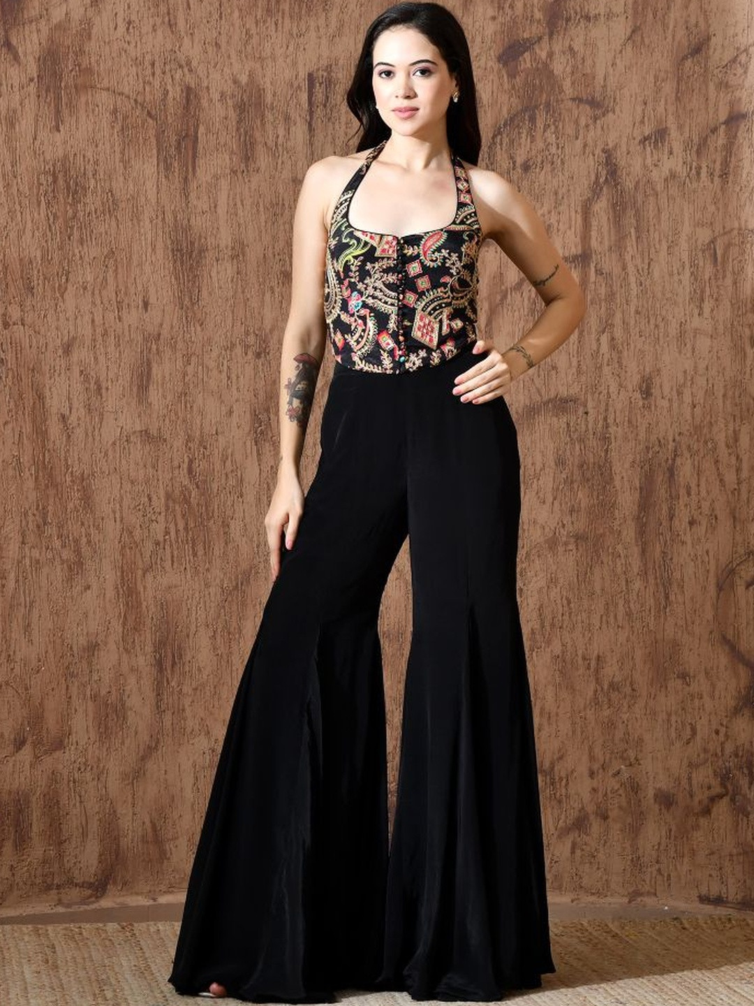 KELIN Ethnic Motifs Embroidered Halter Neck Straight Top With Sharara & Dupatta