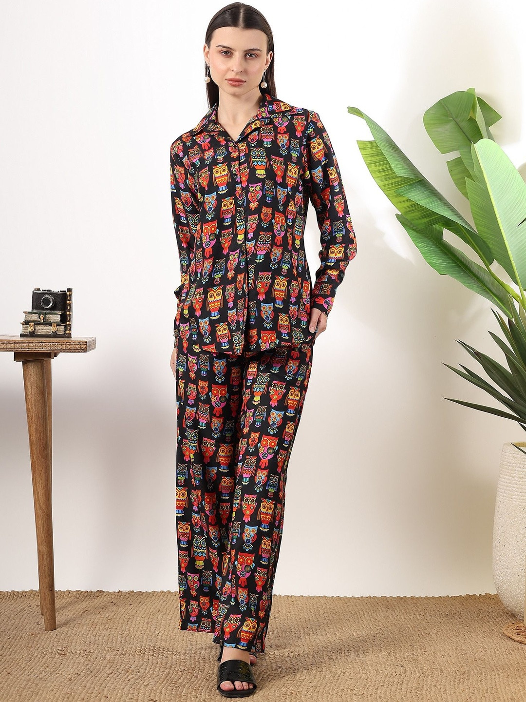 BEACH & HILL Women Quirky Owl Printed Linen Co-Ord Set