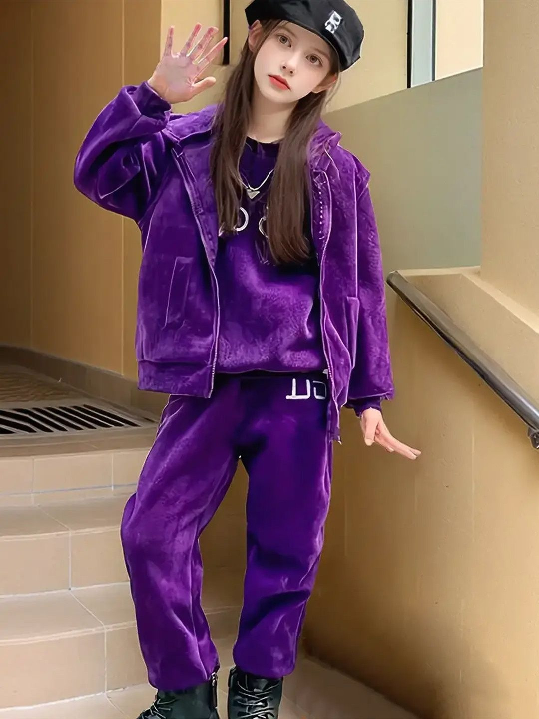 INCLUD Girls Printed Hooded Sweatshirt With Jacket & Jogger