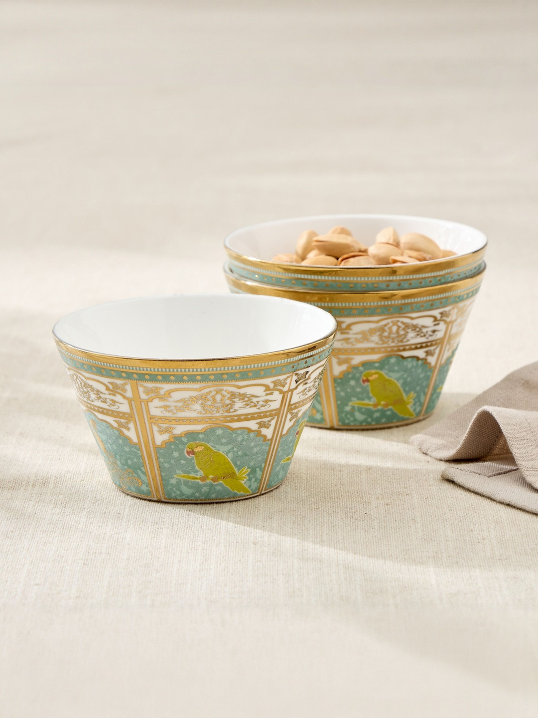 Home Centre Green & White 3 Pieces Ethnic Printed Easy to Clean Dip Bowls - 320ml
