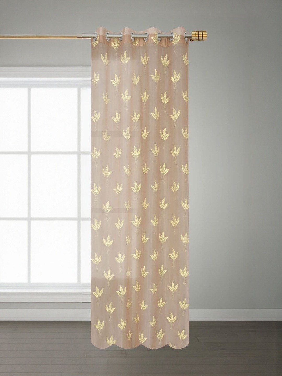 Aura Beige Floral Long Door Sheer Eyelet Curtains