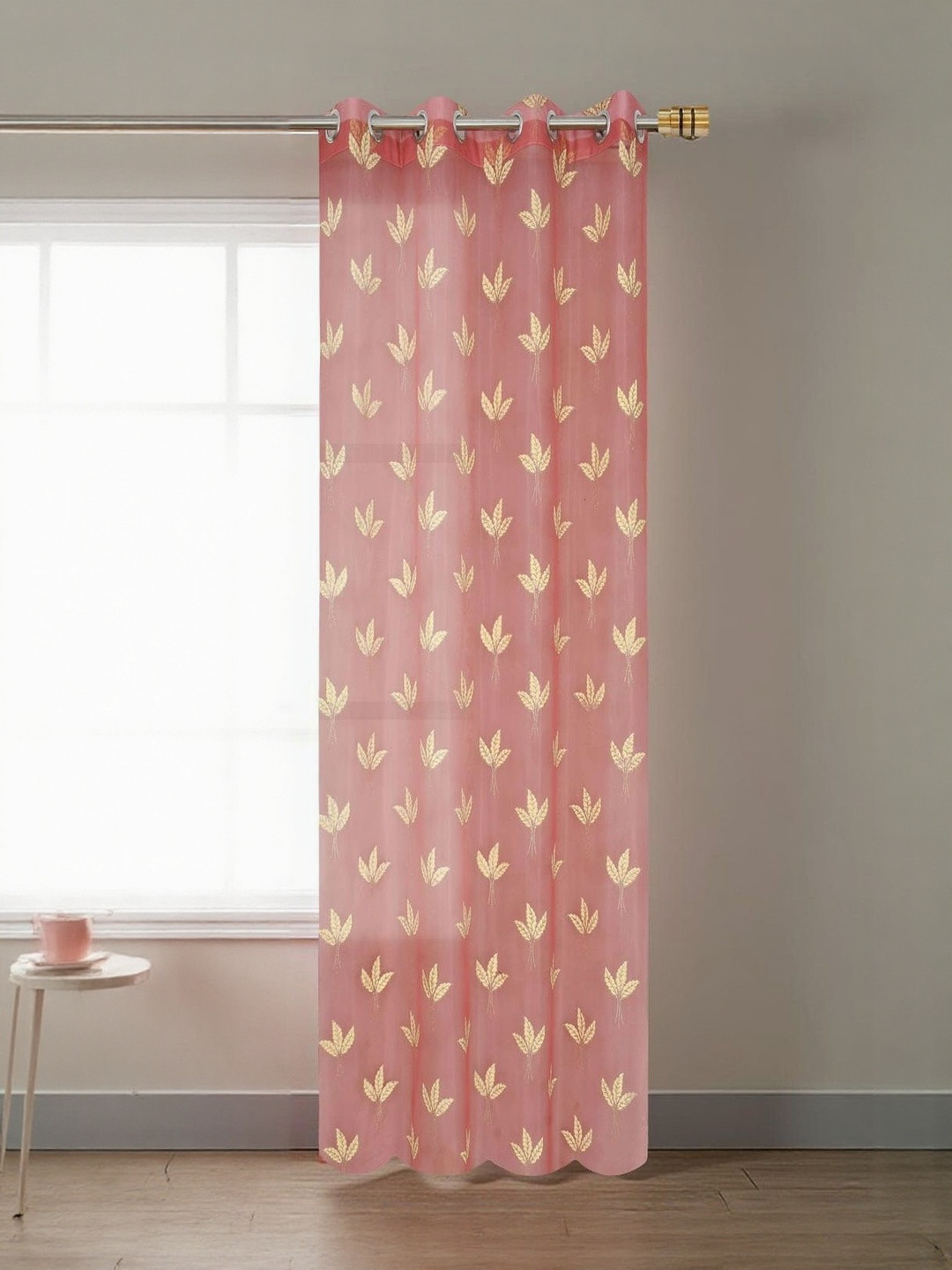 Aura Pink Floral Sheer Long Door Eyelet Curtains