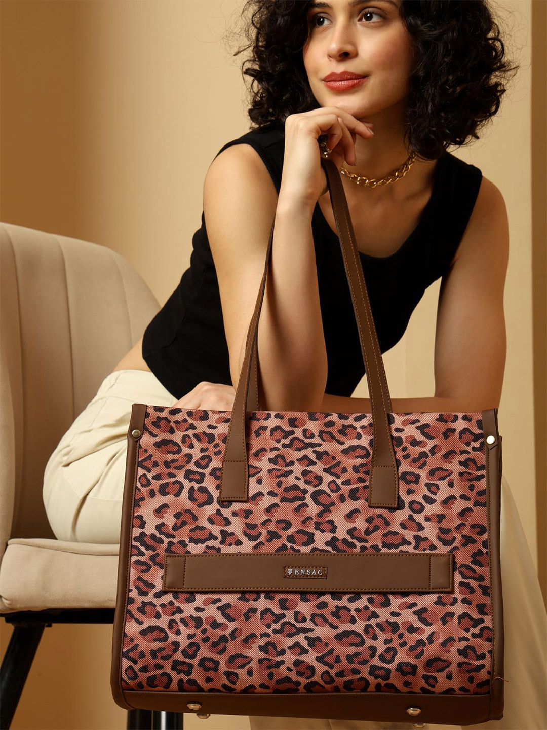 ENSAC  Brown & Pink Solid Animal Printed Jute Detachable Sling Strap Embroidered Tote Bag
