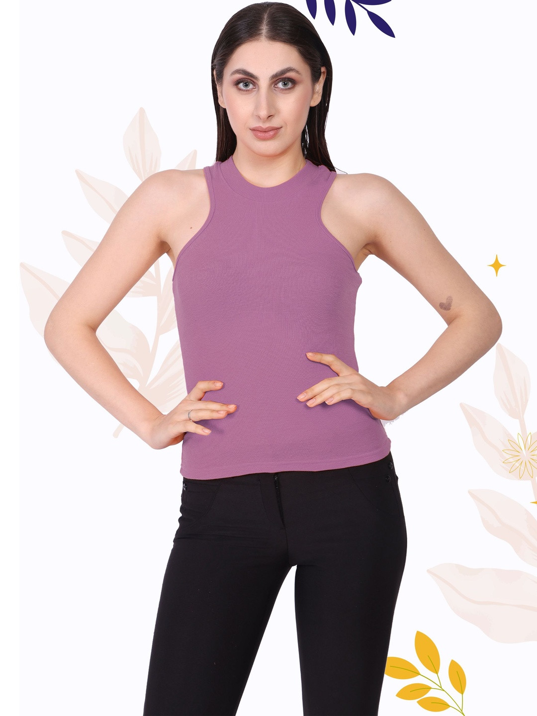 KIK33 Tank Ribbed Casual Round Neck Sleeveless Crop Top