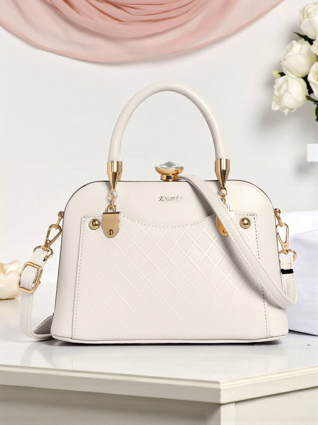 Exotic Off White & Gold Textured Structured Detachable Sling Strap Satchel with Bow Detail
