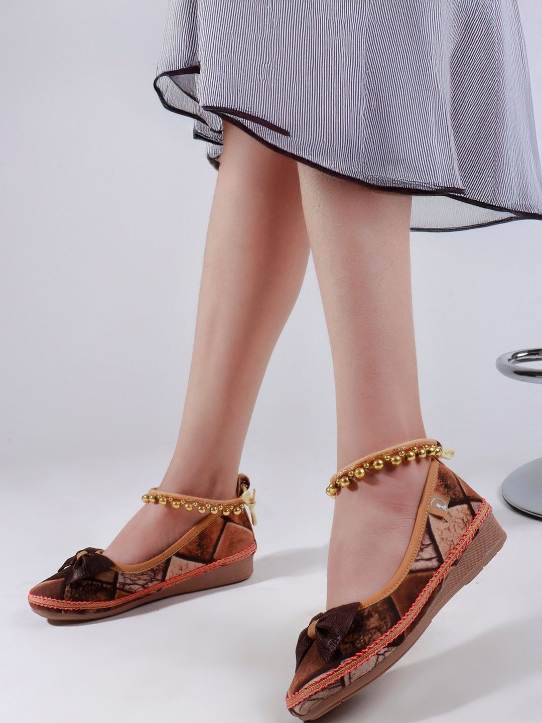 Denill Printed Ankle Strap & Bow Slip On Ballerinas