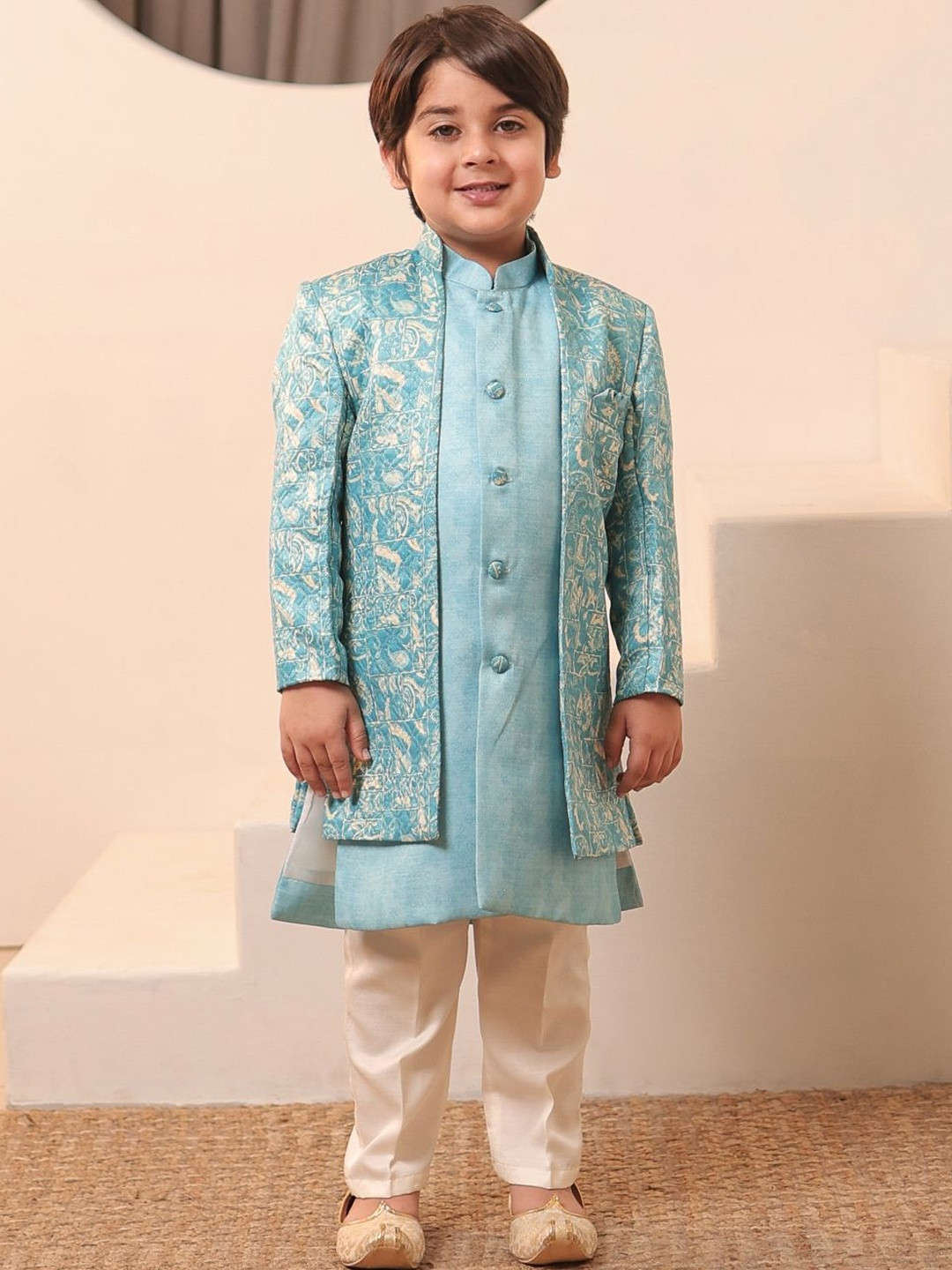 Aj DEZInES Boys Blue Jacquard Full Sleeves Rich Embroidered Sherwani Set