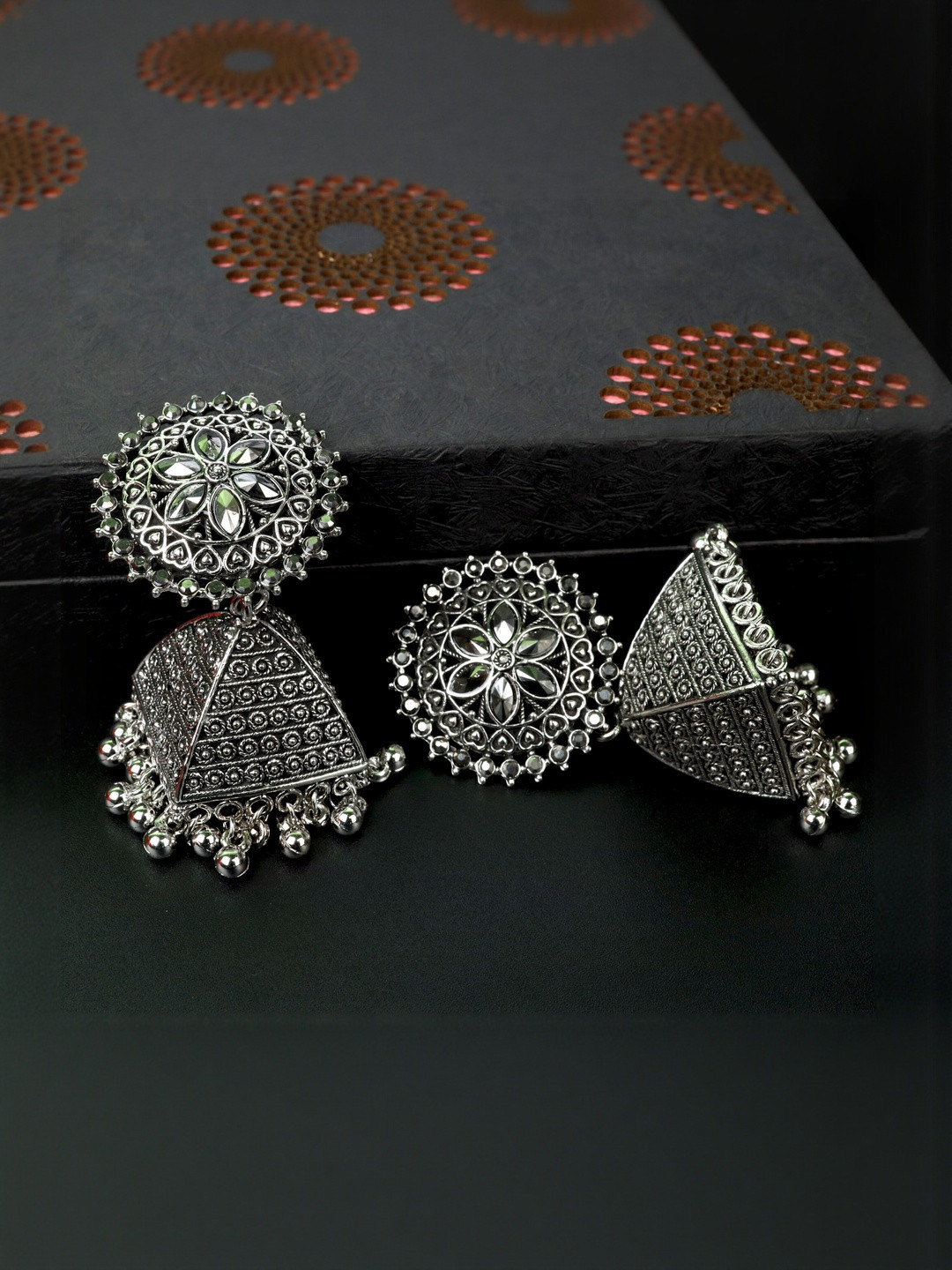 Just Devotional Silver-Plated Artificial Stones Studded And Beaded Circular Shaped Jhumkas