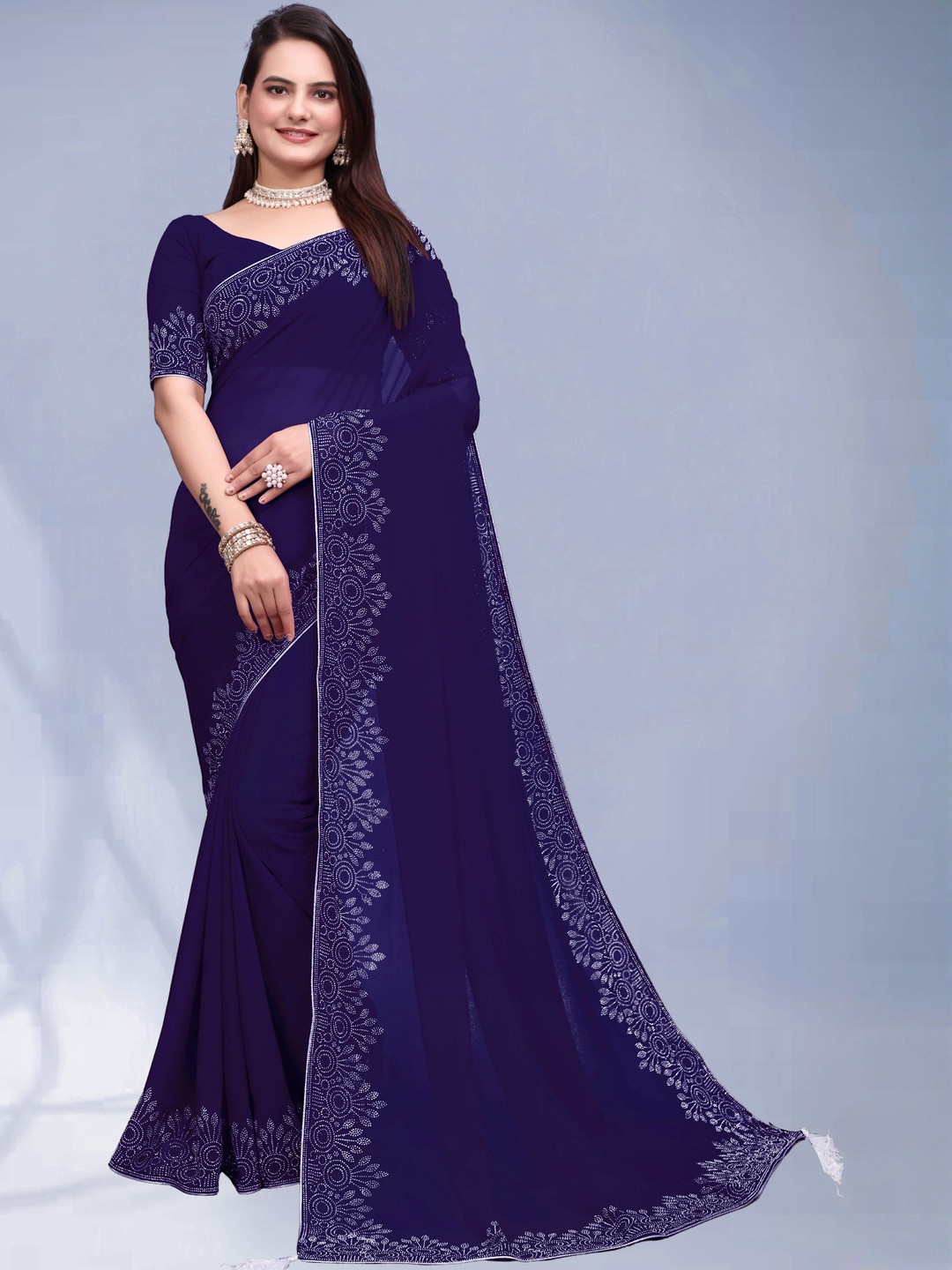 MEAVEN FEB Embellished Pure Georgette Saree with Exquisite Diamond Embellished Heavy Work