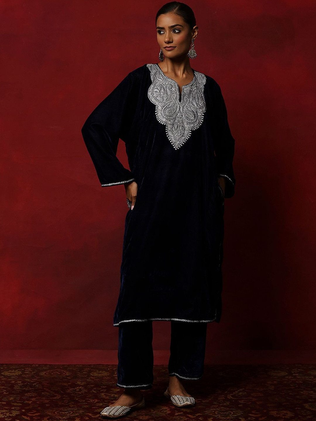 House of Chikankari Women Tilla Embroidered Kashmiri Velvet Kurta with Trousers