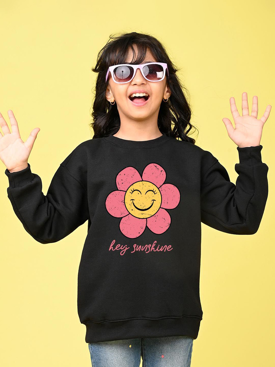 NUSYL Girls Sunshine & Text Printed Oversized Round Neck Sweatshirt