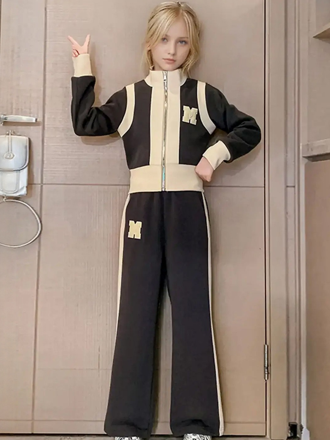 INCLUD Girls Colourblocked Zipper Jacket With Wide Leg Pants