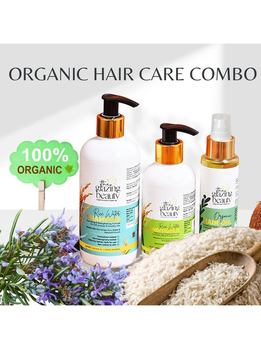 THE GLAZING BEAUTY Rice Shampoo 300 ml Conditioner 200 ml & Organic Hair Oil - 100 ml