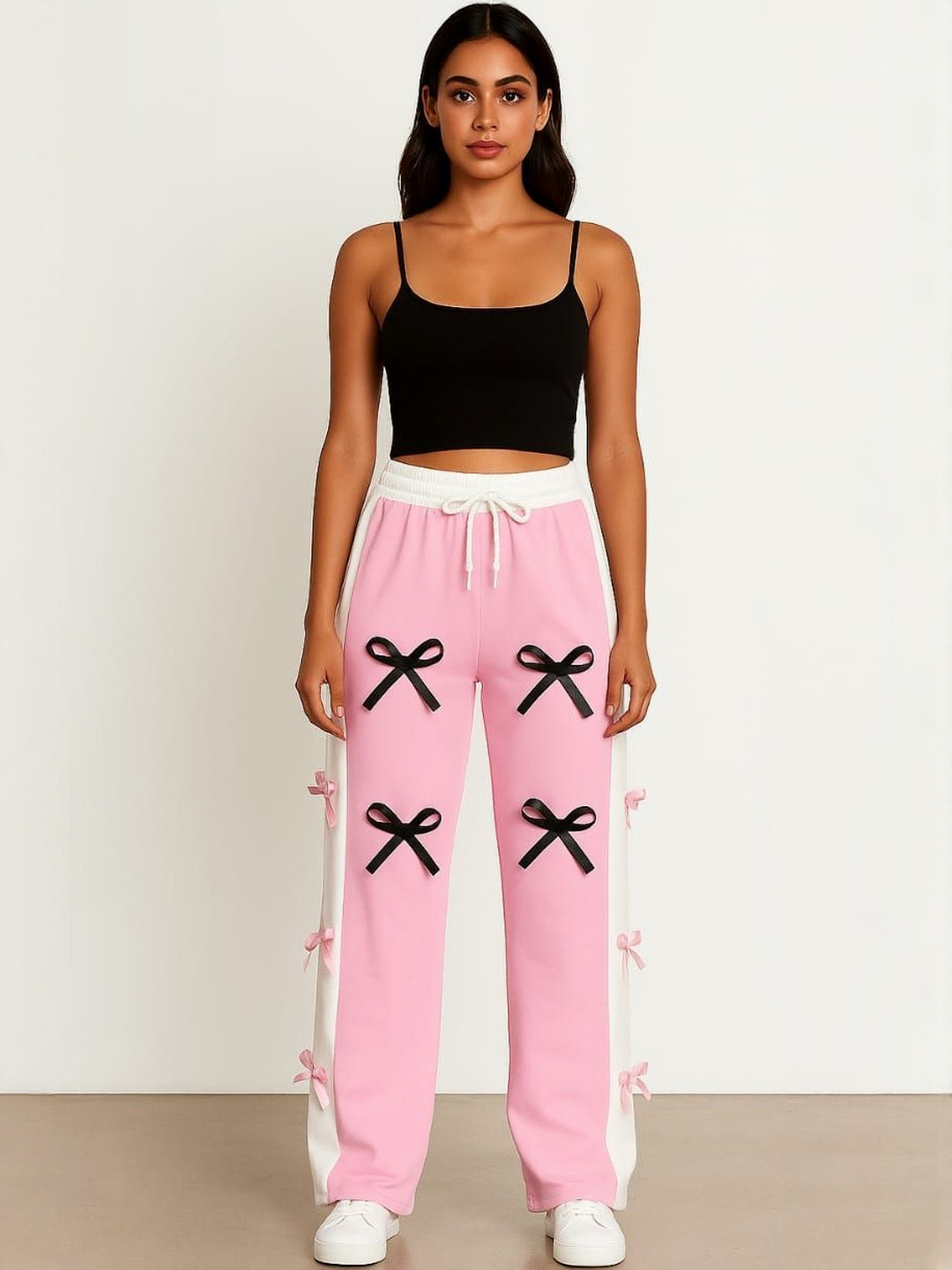 Dsouza clothing Women Colourblocked Mid-Rise Track Pants with Bow & Side-Stripe Details