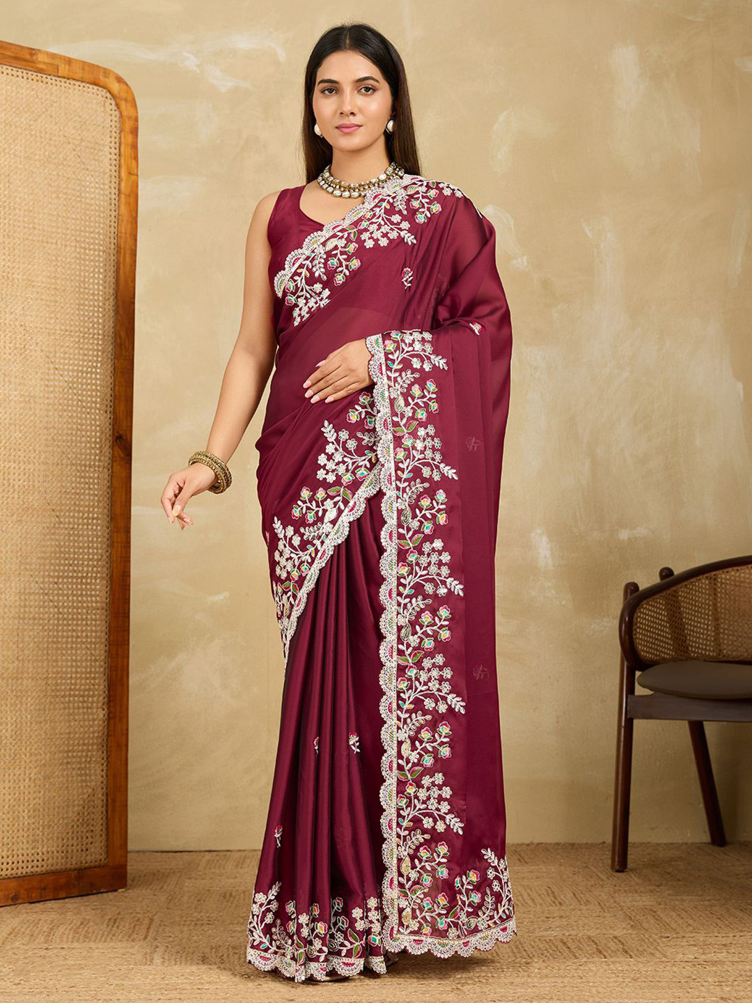 House of Pataudi Maharani Floral Embroidered Saree With Blouse Piece