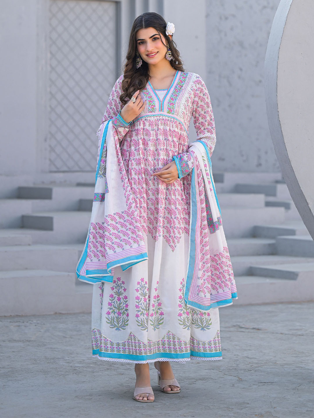 AARAAS Women Floral Print Embroidered Long Sleeves Gown Dress