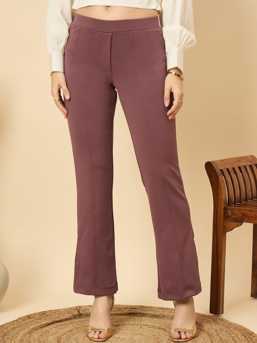 LE BOURGEOIS Women Slip-On Tailored Mid-Rise Bootcut Trousers