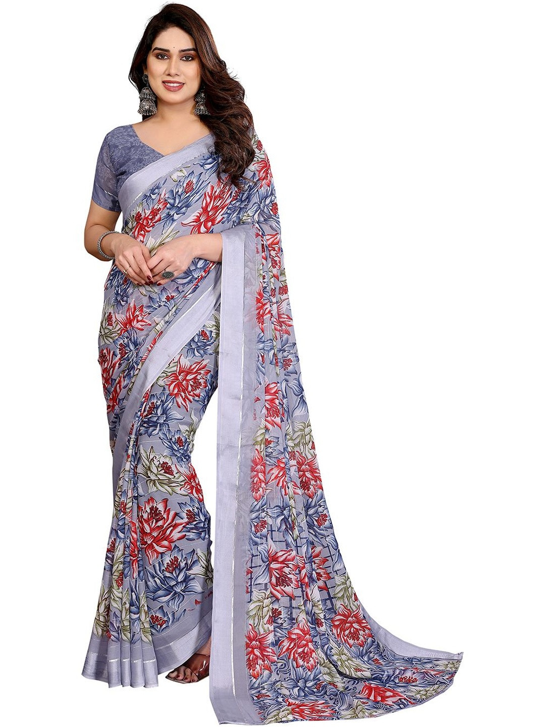 Moda Rapido Floral Print Georgette Satin Saree with Silver Thread Embellishment