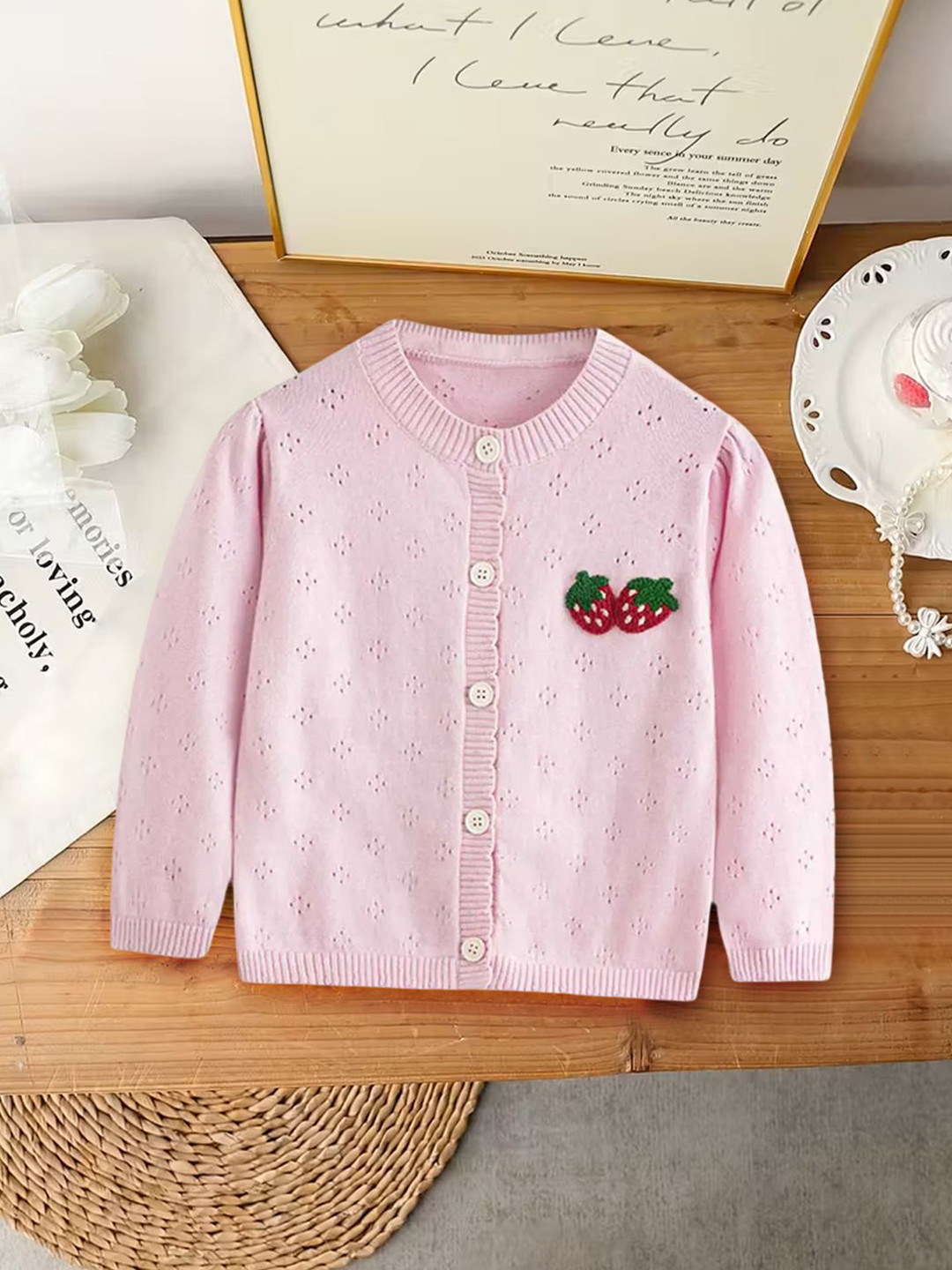 YK Girls Strawberry Embroidered Long Sleeves Cardigan