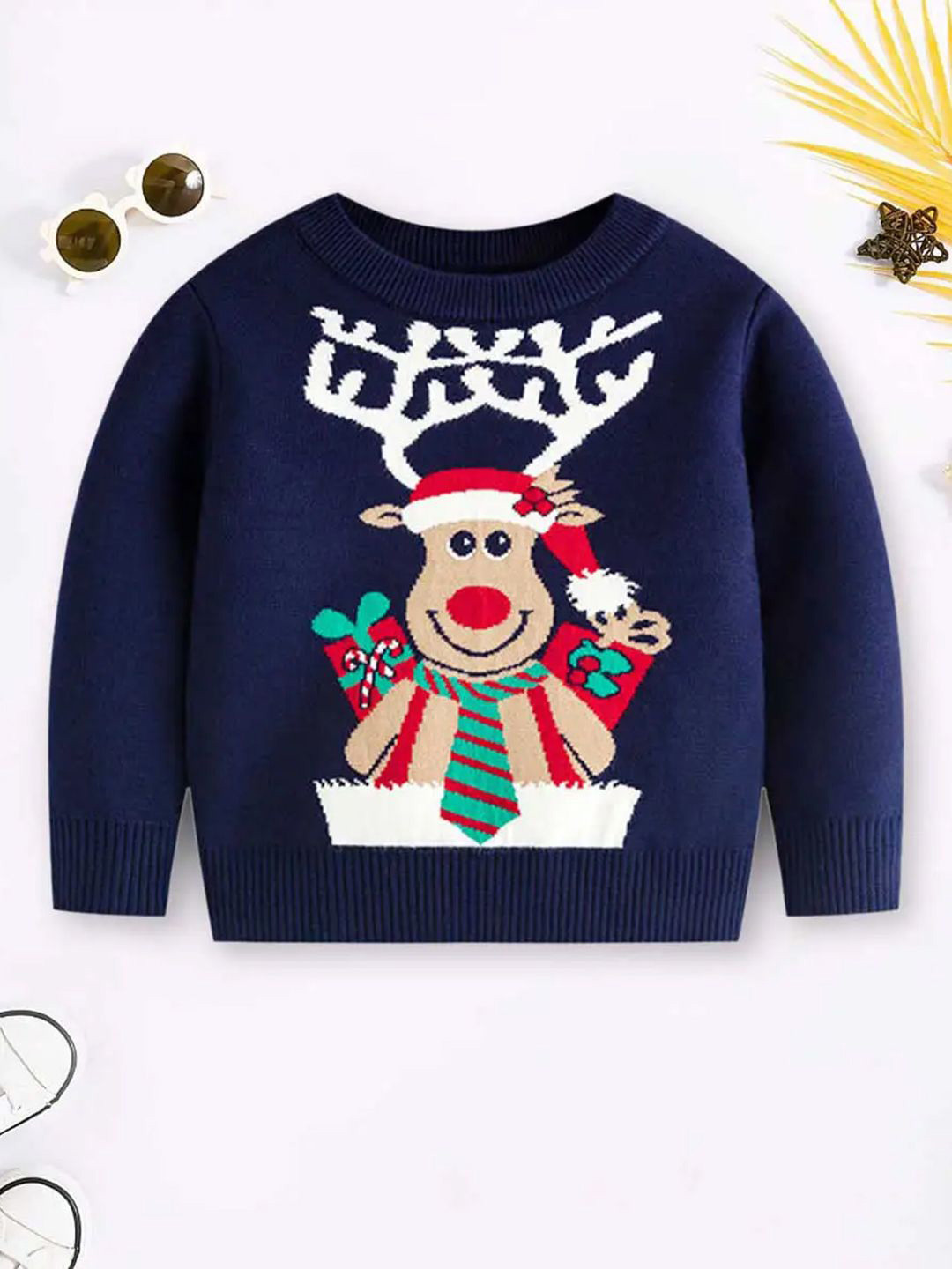 YK Boys Christmas Reindeer Printed Round Neck Long Sleeves Pullover