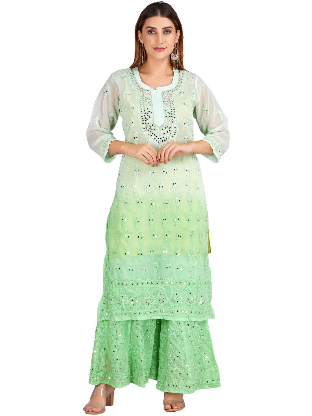 MRS RIGHT Floral Embroidered Notch Neck Chikankari Straight Kurta With Sharara & Dupatta