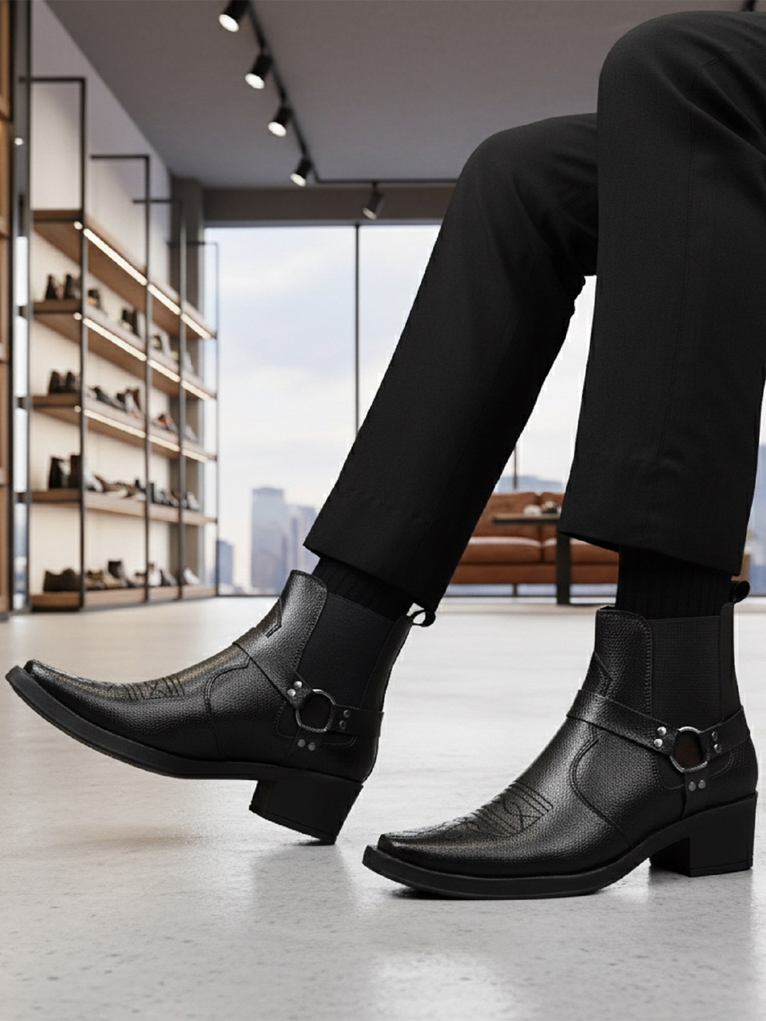 Bxxy Men Textured Mid-Top Square Toe Height Increasing Elevator Ring Party Chelsea Boots