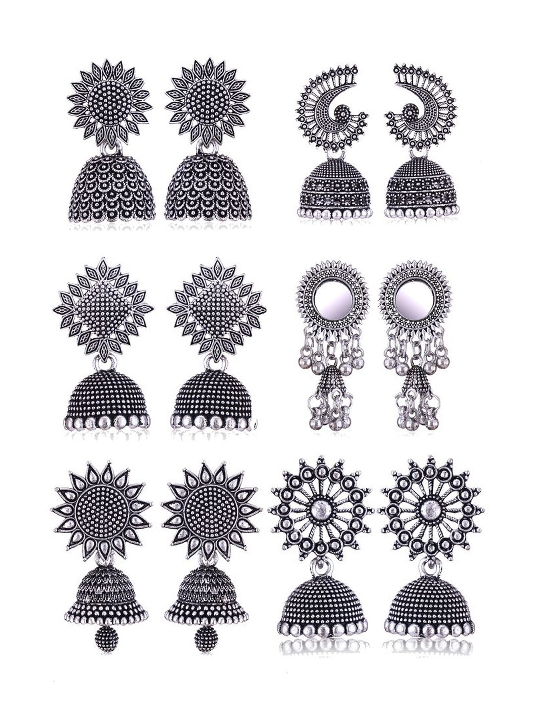 Sangria Women Set Of 6 Silver Plated Oxidized Jhumka Earrings