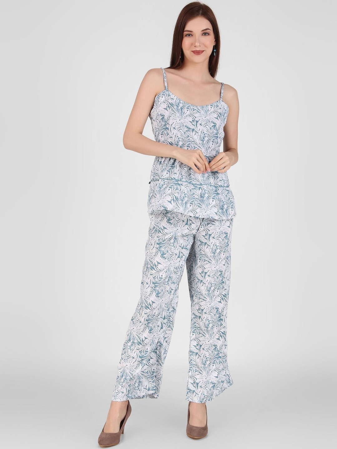 FNOCKS Printed Shoulder Straps Neck Top With Trousers