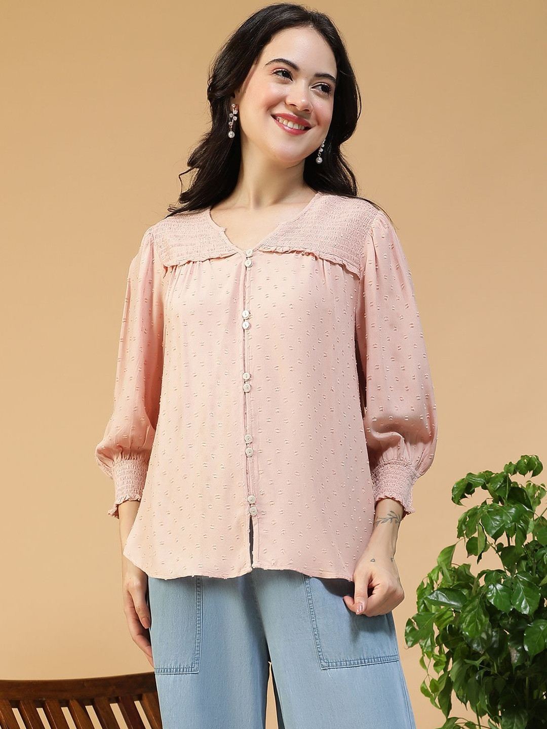 Oxolloxo Self Design Smocking V-Neck Puff Sleeve Regular Top