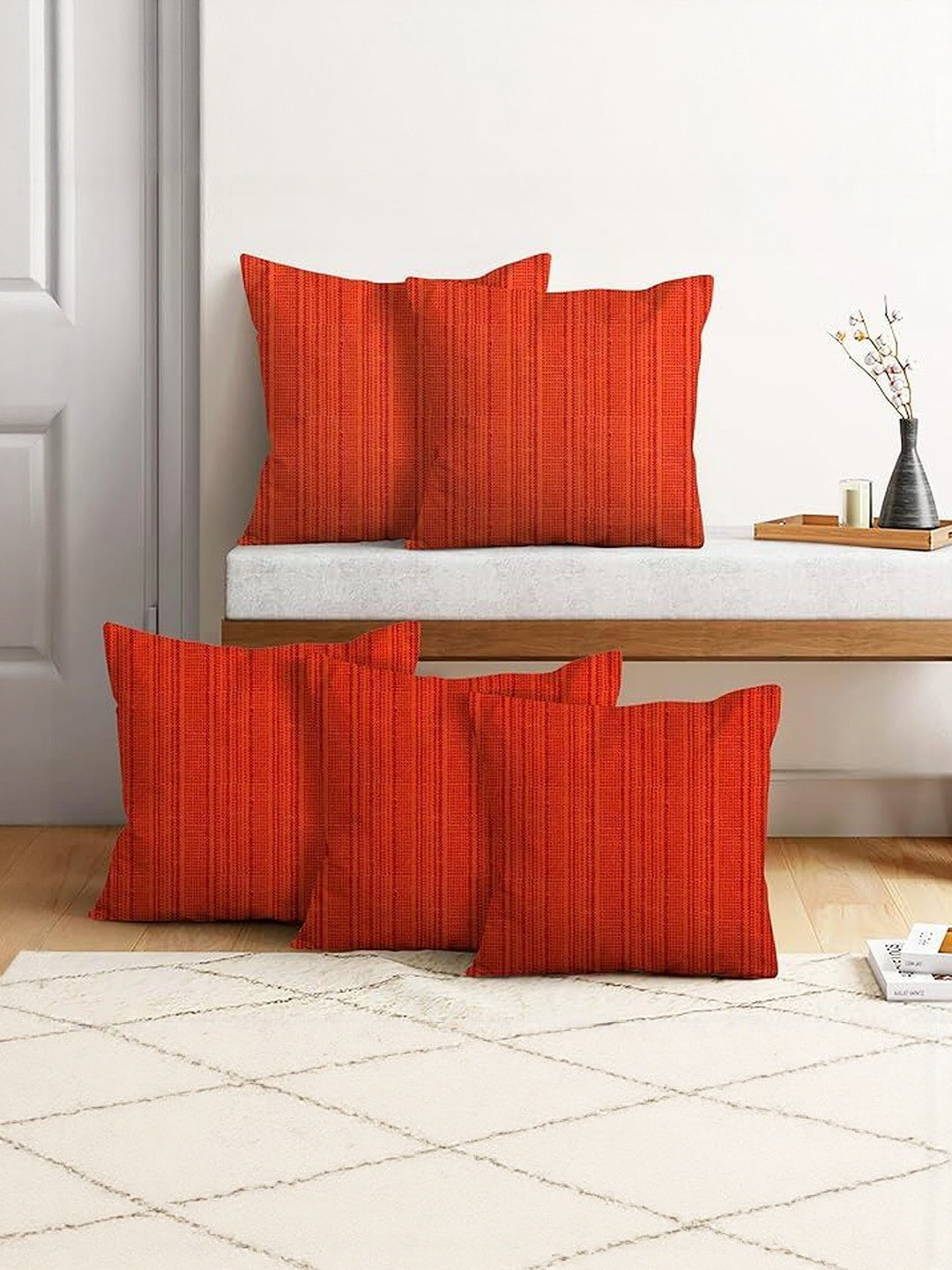 NISSI Orange Set of 5 Striped Cotton Square Cushion Covers