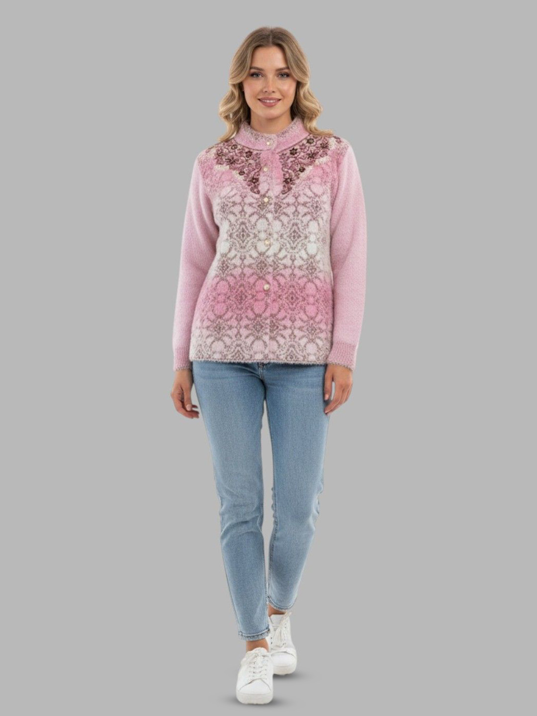 Gouri Women Floral Yoke Design Printed Woollen Cardigan Sweaters