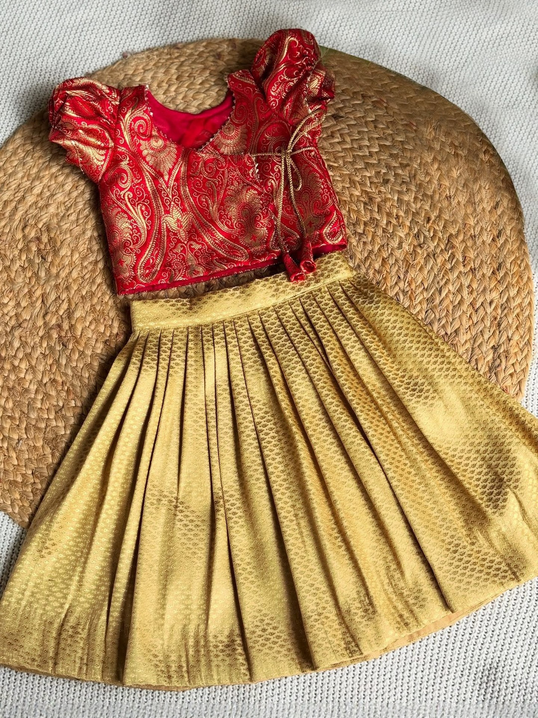 Kedar Fab Girls Red & Gold Zari Woven Design Lehenga With Blouse