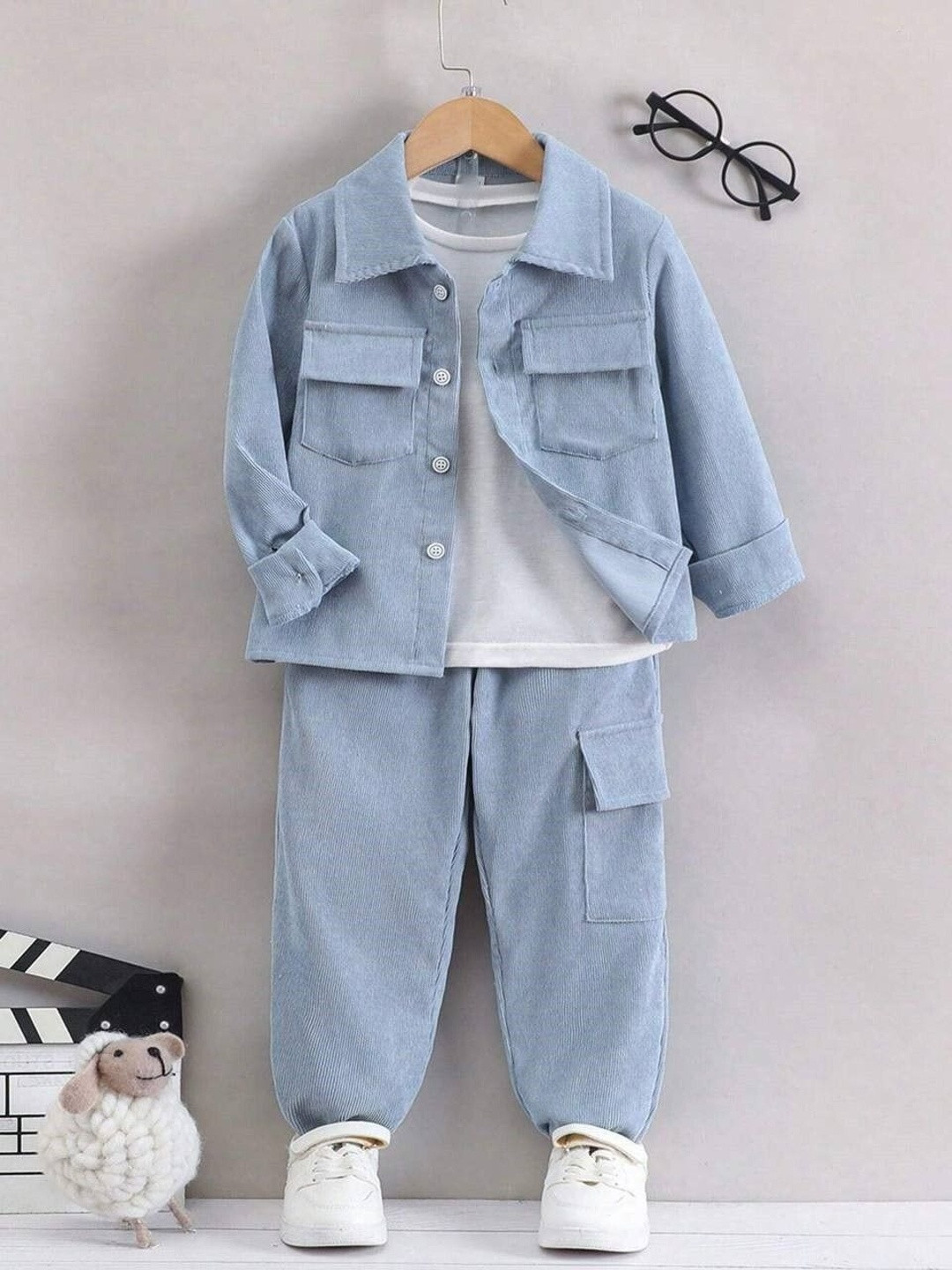 FASTDEAL Boys Shirt Collar Long Sleeves Pure Woolen Clothing Set