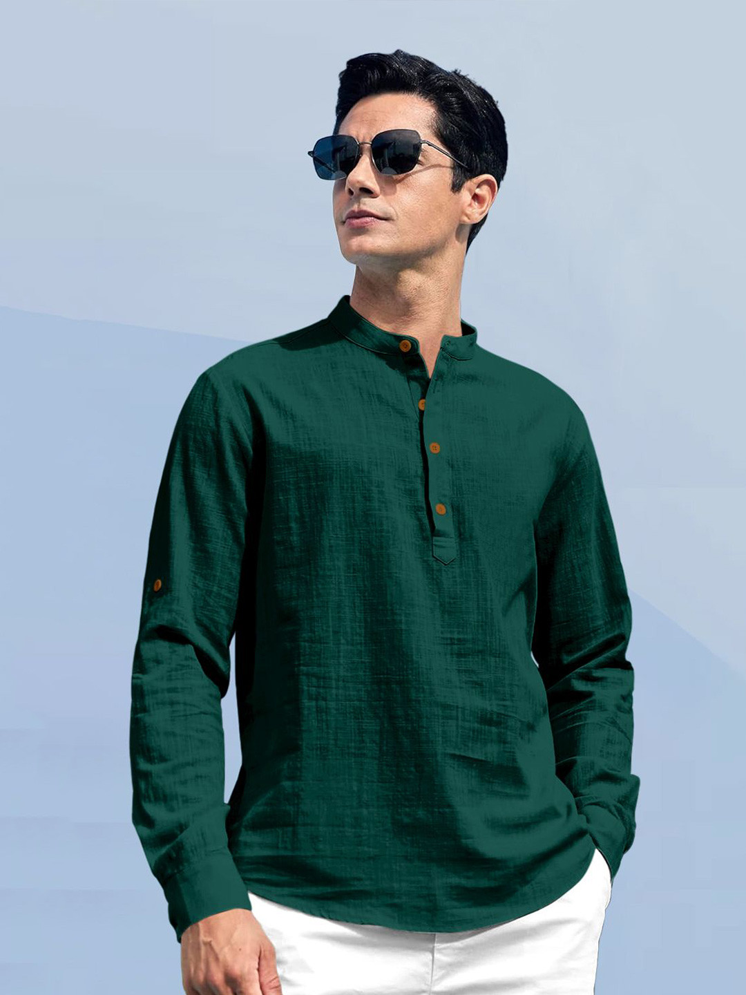 ZELINCO Mandarin Collar Roll-Up Sleeves Straight Short Kurta