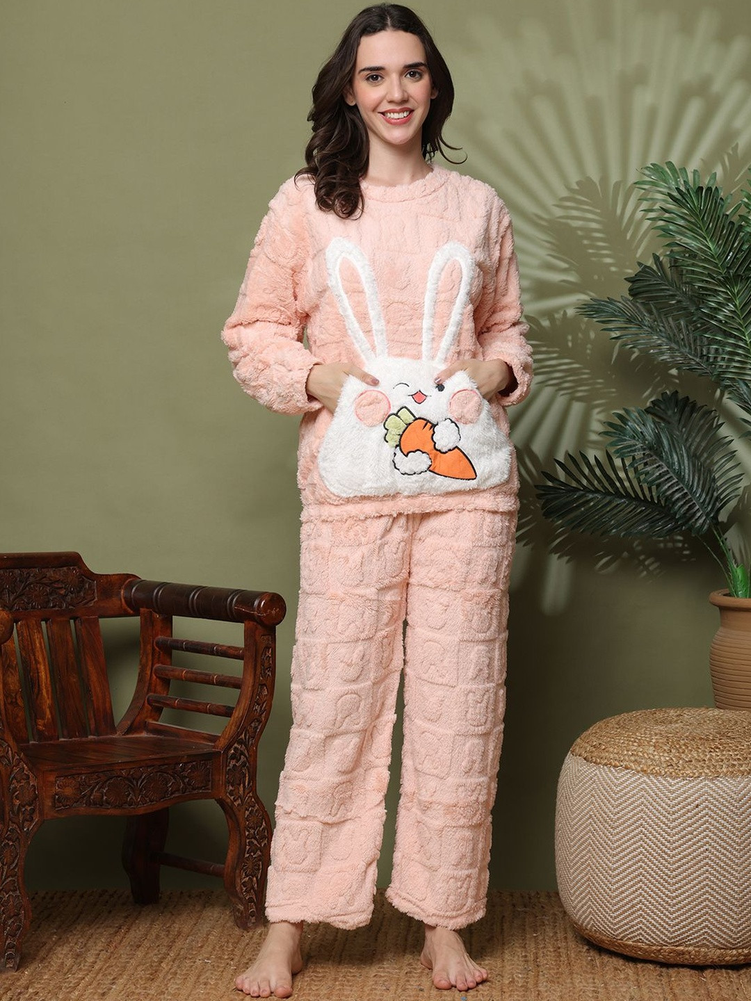 TAG 7 Women Self Design Bunny Pattern Fur Winter Night Suit