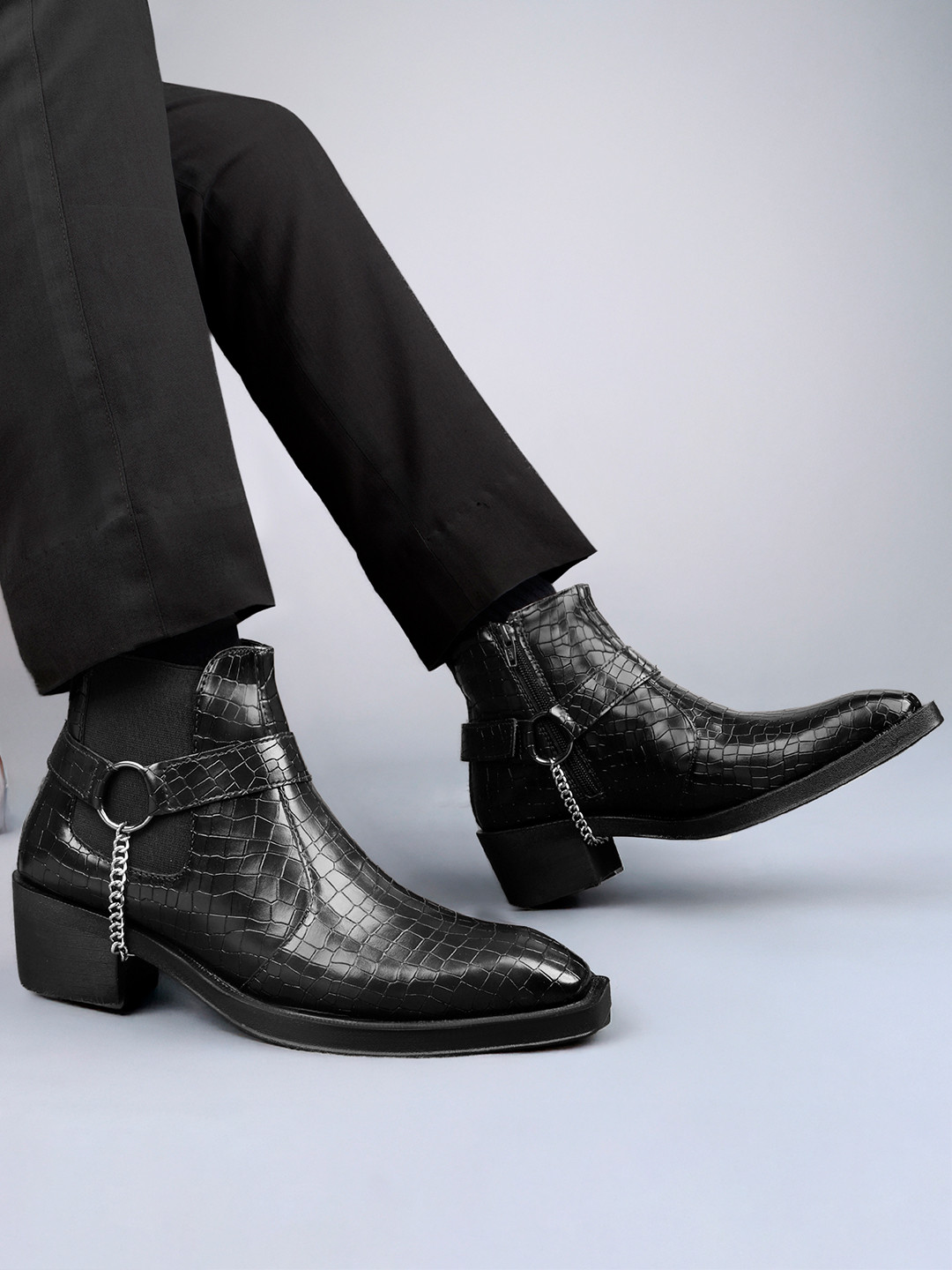 Bxxy Men 2 Inch Height Increasing Textured Elevator Block Heel Boots