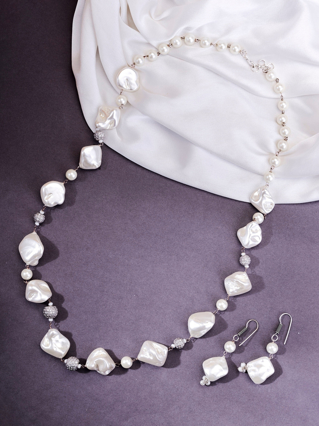 Opal Touch Rhodium-Plated Pearl Beaded Jewellery Set