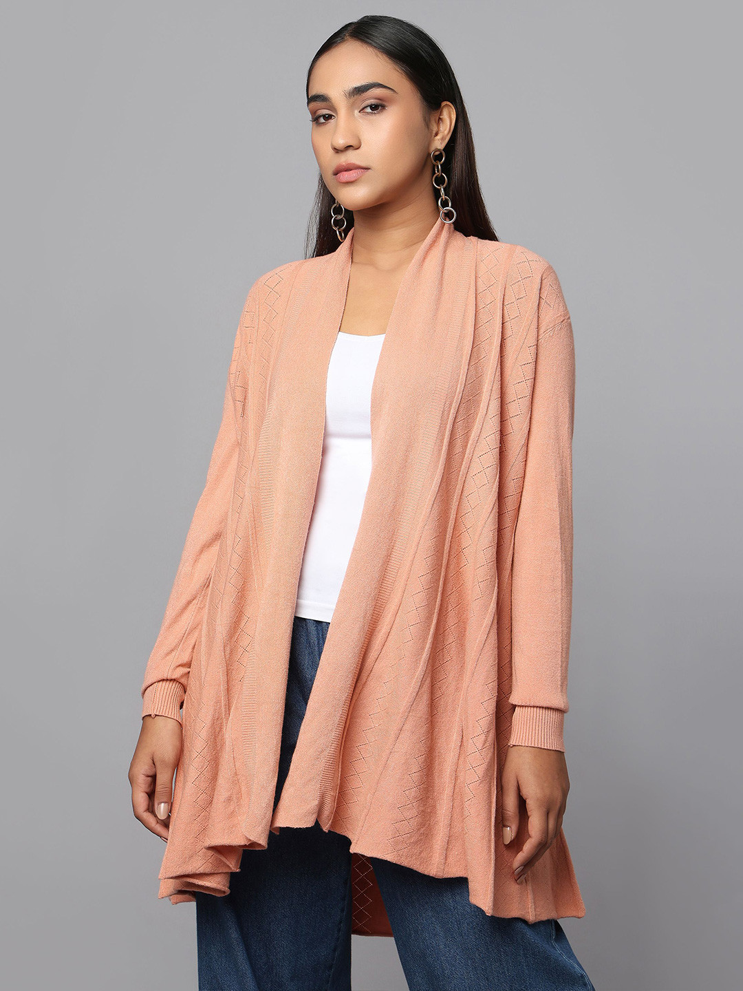 Tamiska By Narendra Kumar Shawl Collar Long Sleeves Draped Longline Front-Open Sweater