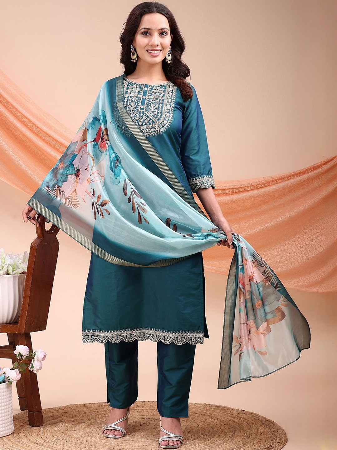 Moda Rapido Floral Yoke Design Thread Work Cotton Silk Kurta & Trousers With Dupatta