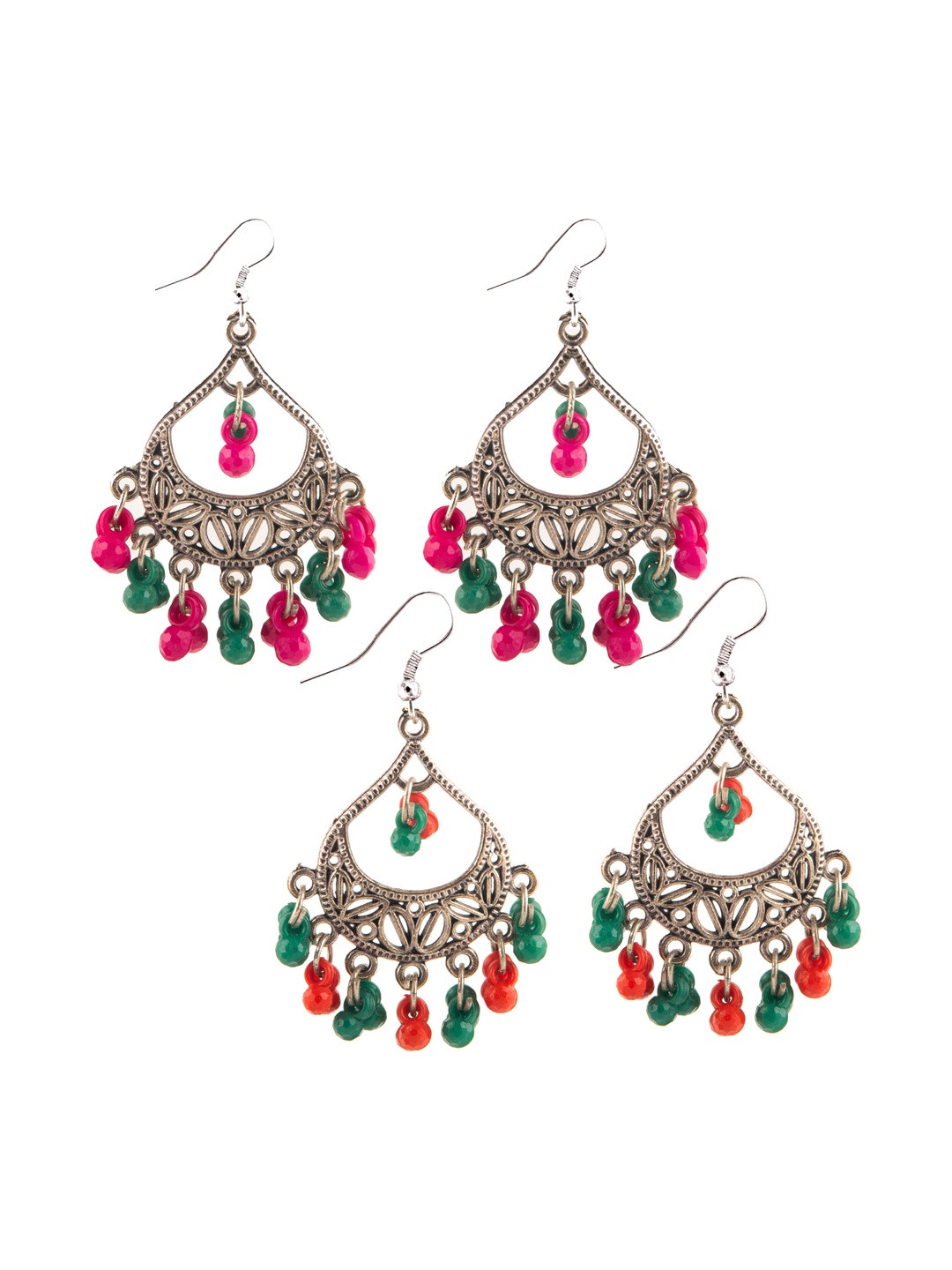 Creative Frogs Set Of 2 Oxidised Beaded Drop Earrings with Fish Hook Earwire Closure