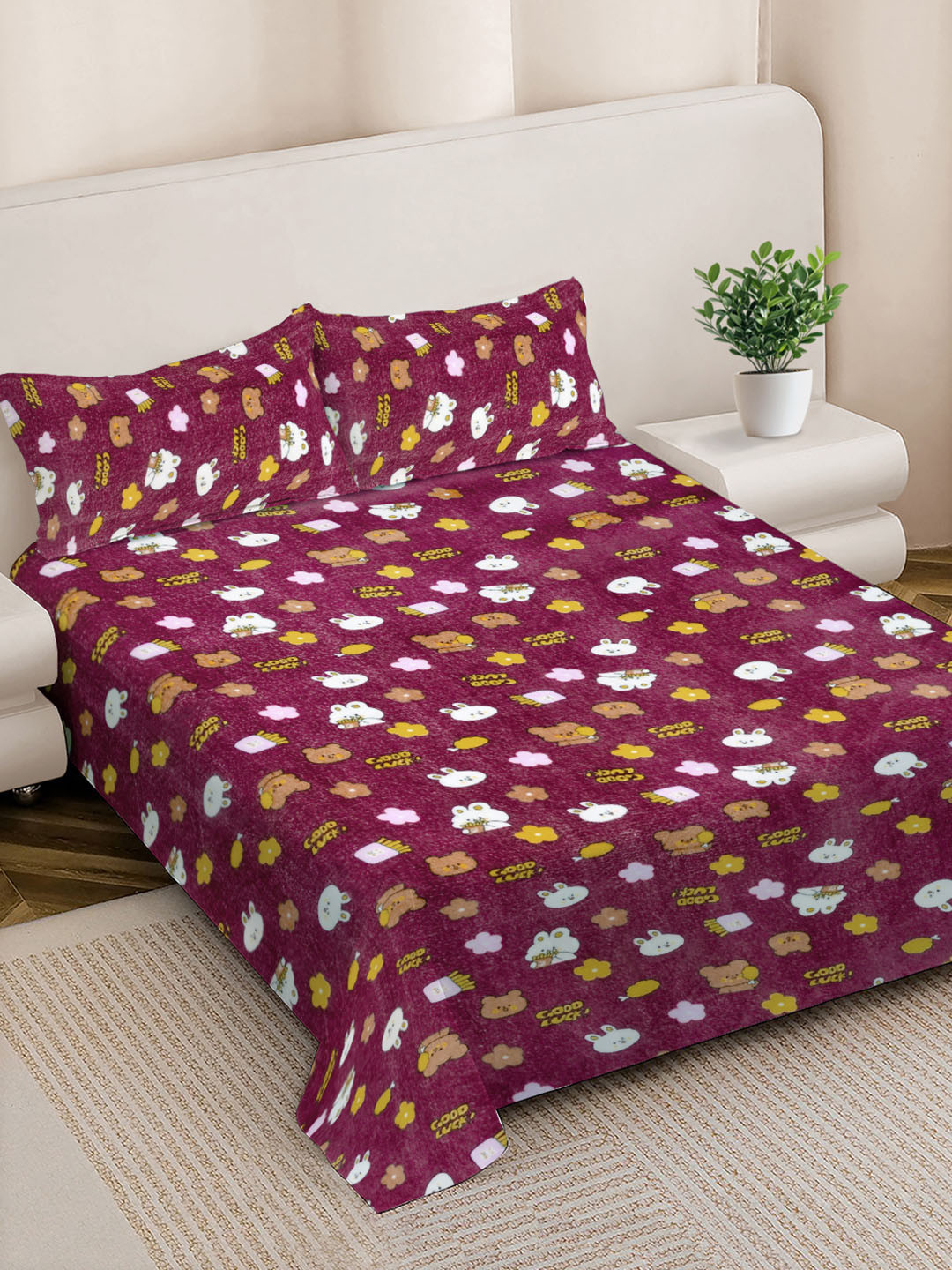 Myntra Elegant Homes Bunny Printed 300 TC Woollen King Bedsheet with 2 Pillow Covers
