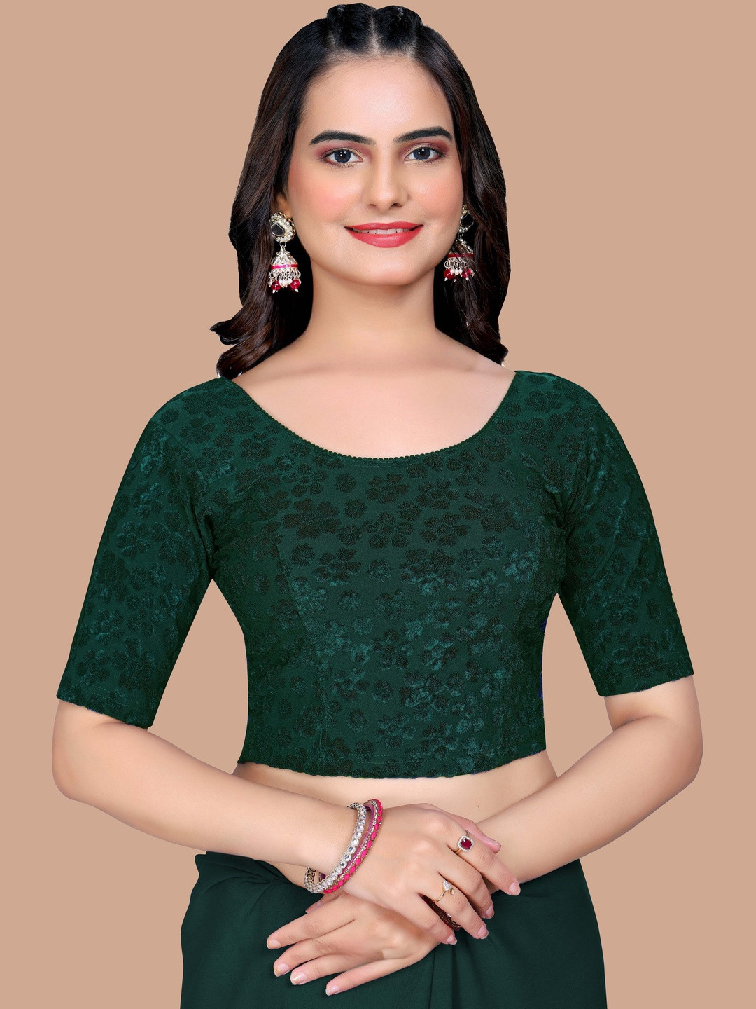 SHREEJI DESIGNER Woven Design Round Neck Short Sleeves Velvet Saree Blouse
