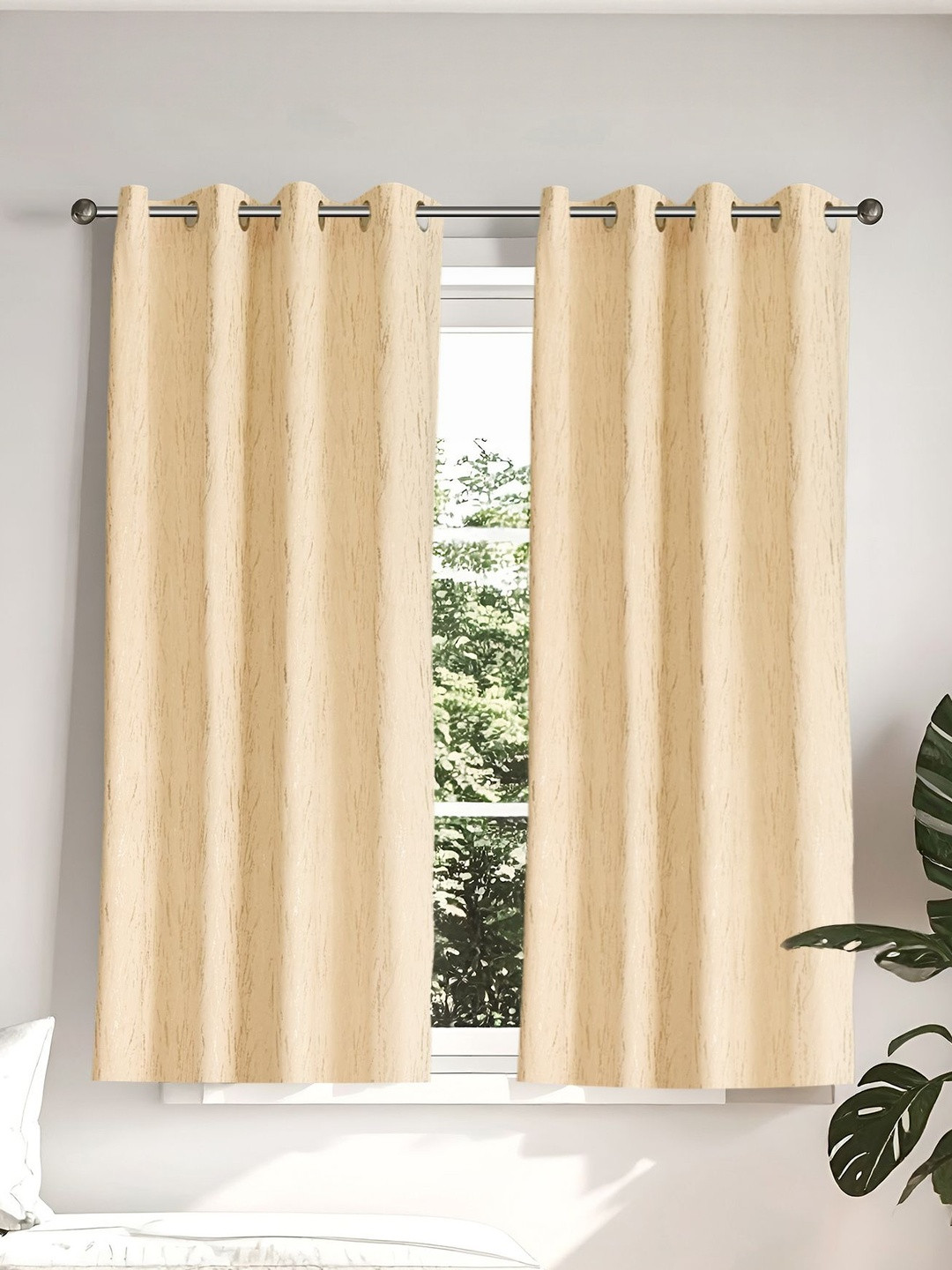 Home Centre Glimmer Marison Beige 2 Pieces Self Design Window Curtains