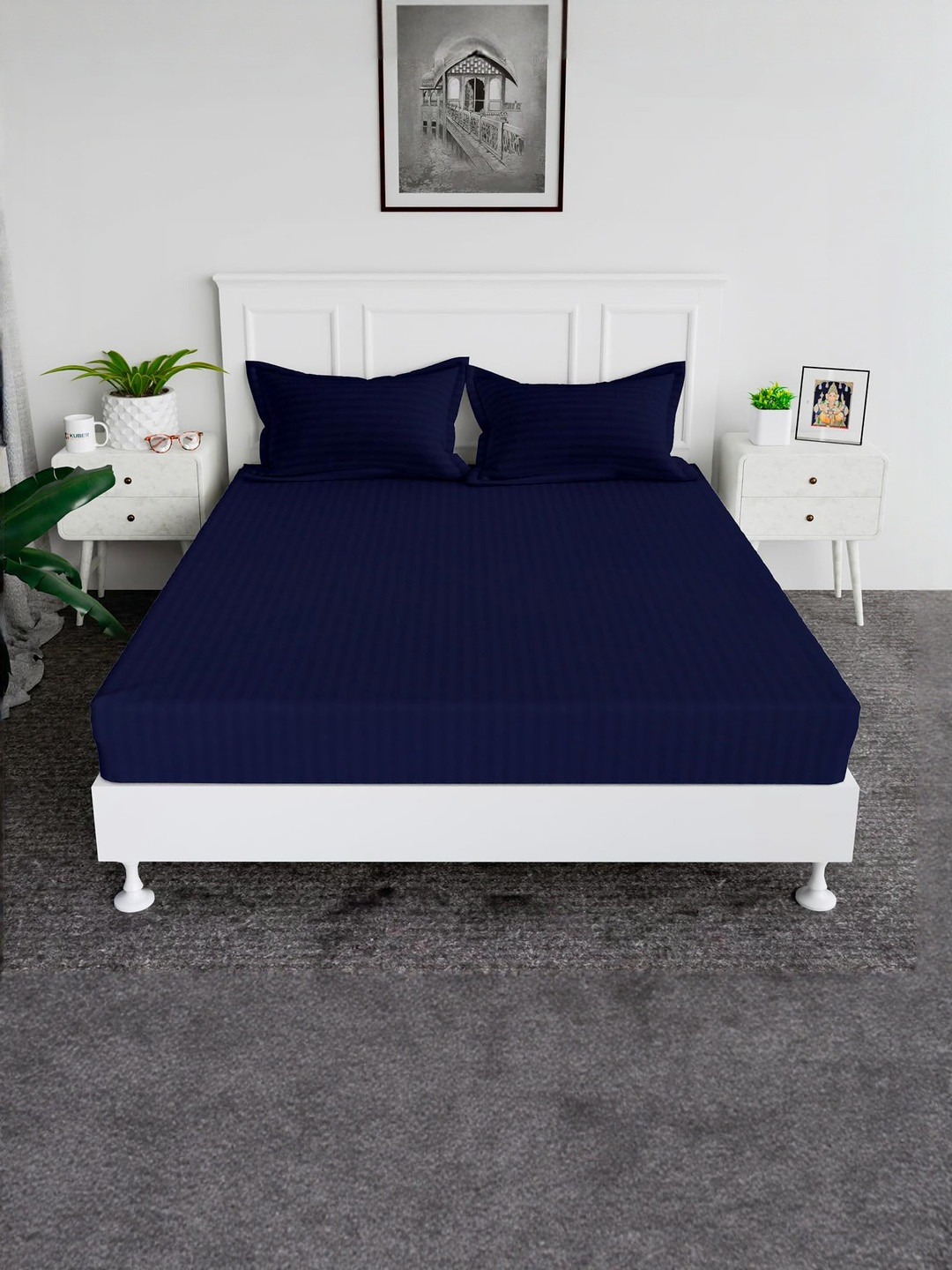 A Next Step Navy Blue Striped Satin Easy Care 240 TC Double Queen Bedsheet 90 x 100 inches